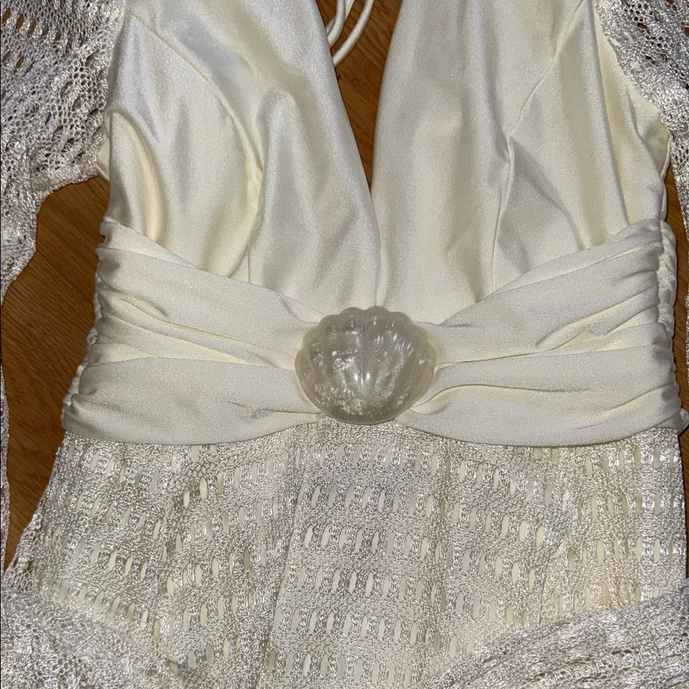 PatBO Plunge Long Sleeve Beach Dress Ivory Lace Mesh Dress Seashell Medium - Picture 6 of 11